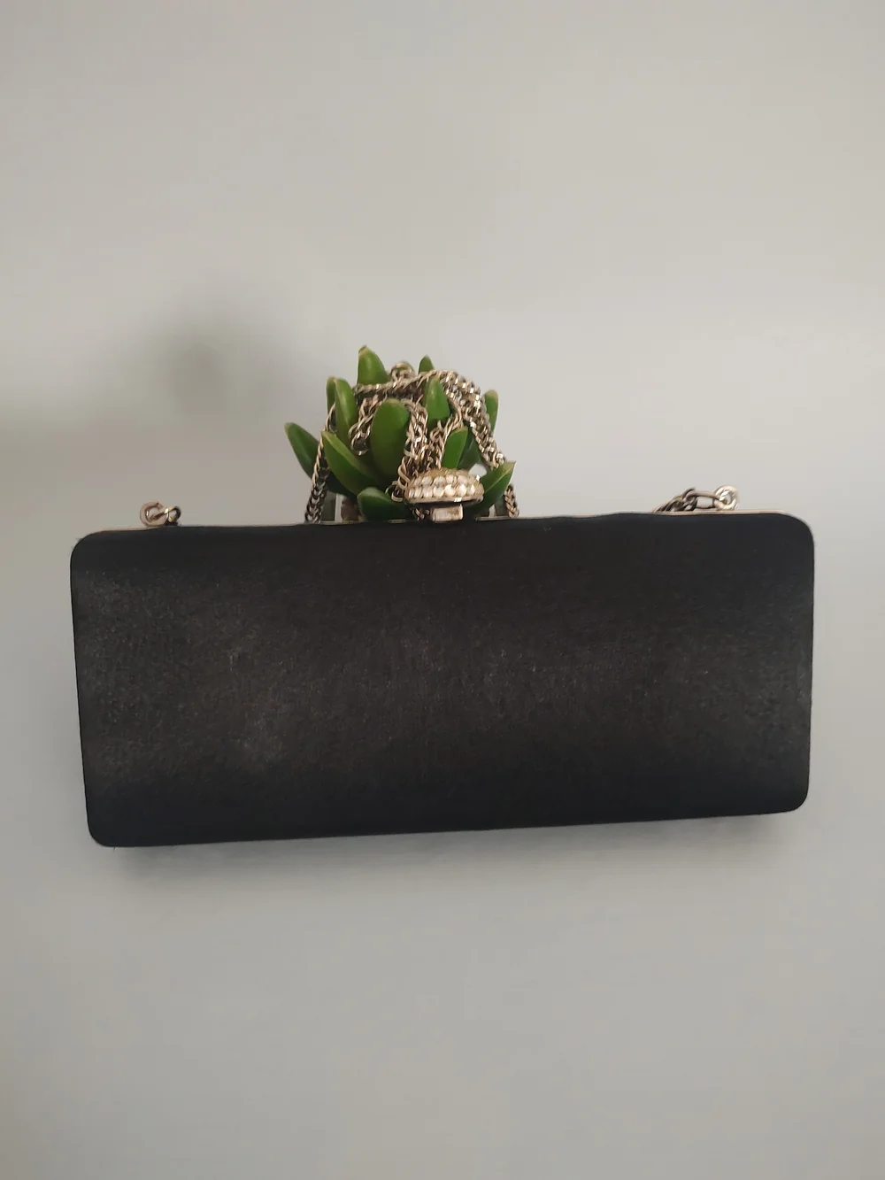 Black Satin Evening Clutch with Jewel Accent